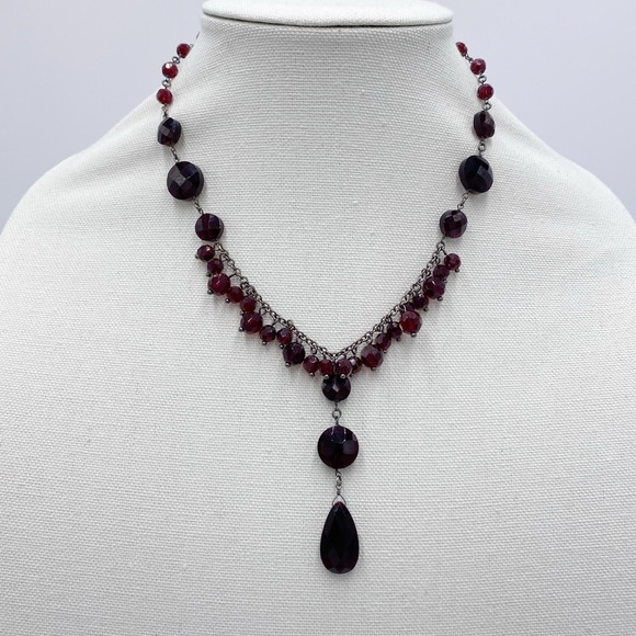 Garnet Red Faceted Glass Beaded Drop Necklace - Picture 4 of 11